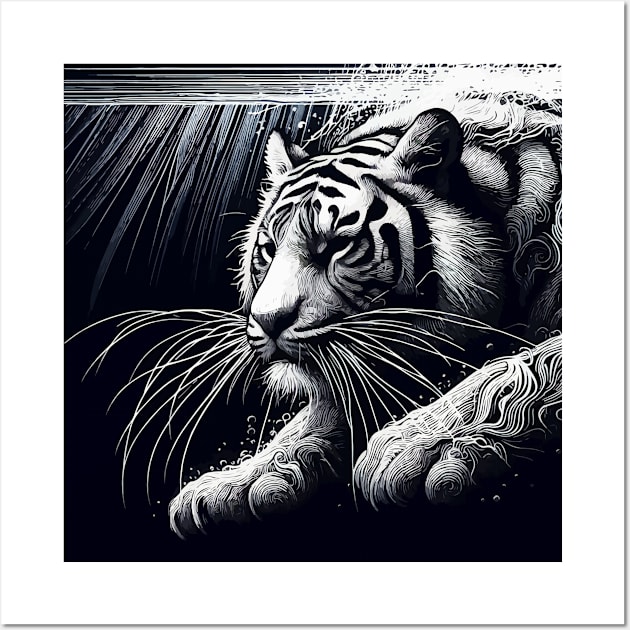 Monochromatic Outline Tiger Swimming in Water Portrait Wall Art by TomFrontierArt